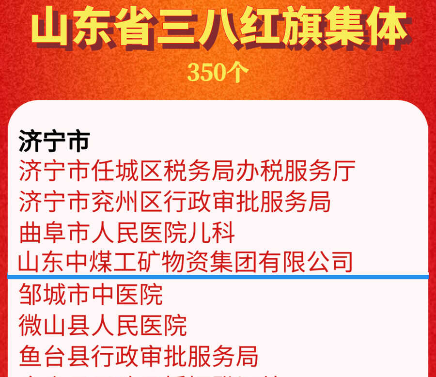 热烈祝贺中煤集团被山东省妇联授予“山东省三八红旗集体”荣誉称号