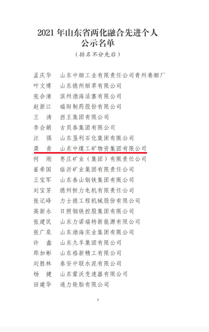 热烈祝贺中煤集团董事长渠青被评为2021年度山东省两化融合先进个人